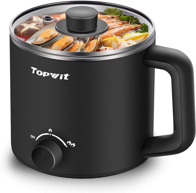 TopWit Hot Pot Electric, Electric Pot, 1.6L Ramen Cooker, Multifunctional Cooker for Pasta, Shabu-Shabu, Oatmeal, Soup and Egg with Over-Heating Protection, Boil Dry Protection, Black - Image 1